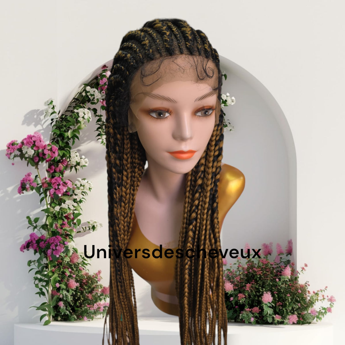 Perruque synthetique tressee a plat, sans noeuds avec tulle frontal et baby hairs.