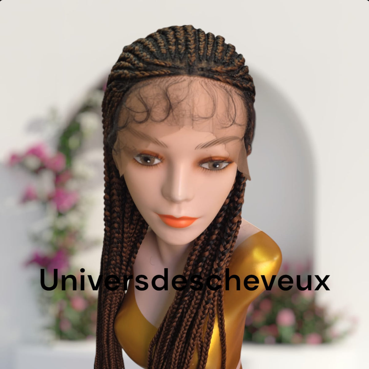 Perruque synthetique tressee a plat, sans noeuds avec tulle frontal et baby hairs.