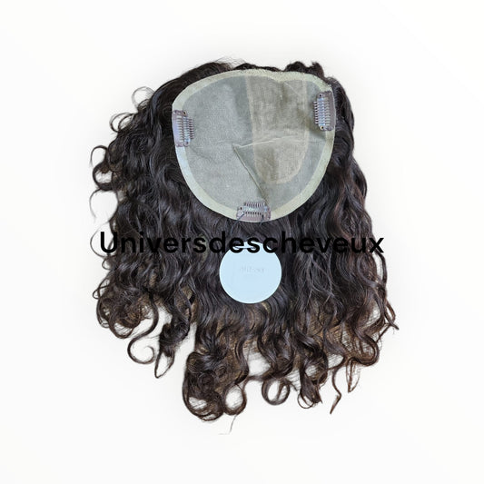 Toupee,extension a clips en soie noire naturelle ondulee pour cheveux humains.