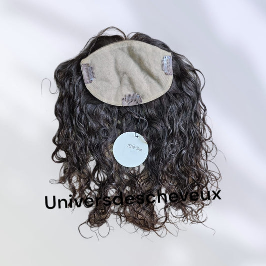Toupee,extension a clips en soie noire naturelle ondulee pour cheveux humains.