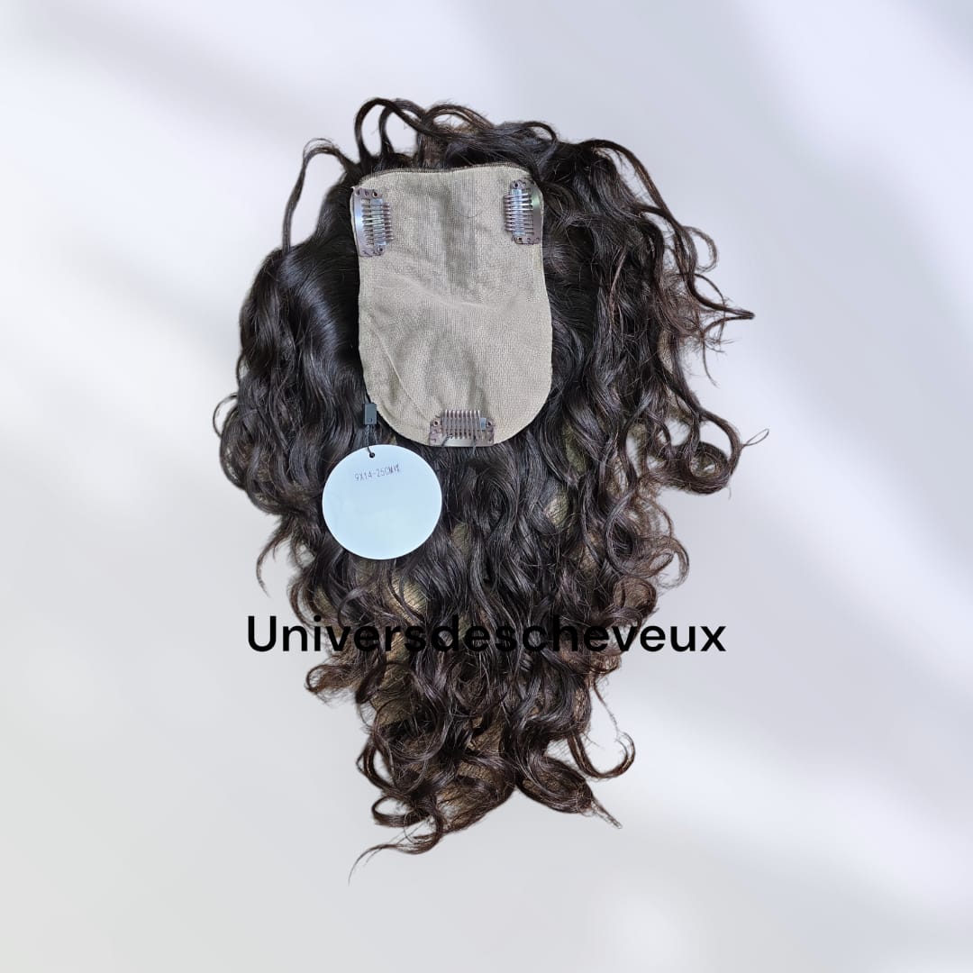 Toupee,extension a clips en soie noire naturelle ondulee pour cheveux humains.