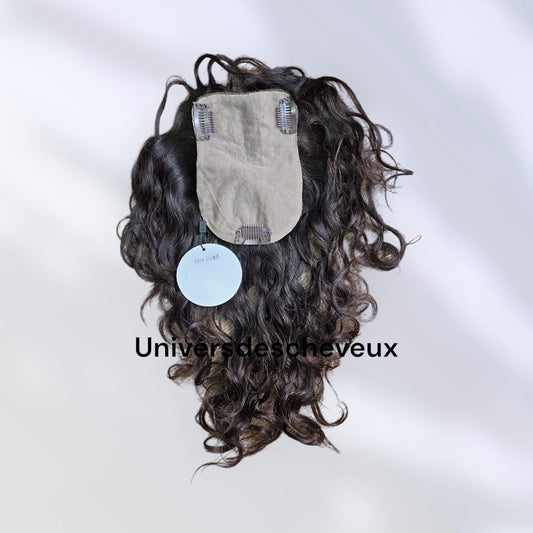 Toupee,extension a clips en soie noire naturelle ondulee pour cheveux humains.