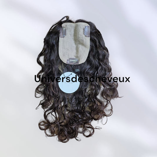 Toupee,extension a clips en soie noire naturelle ondulee pour cheveux humains.
