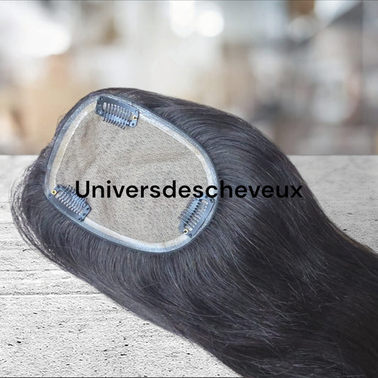 Toupee, clip-in en cheveux humains, base en soie lisse.