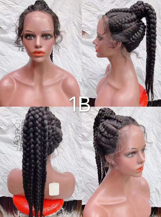 Perruque synthetiques dentelle tressee avec baby hair en 8 bring tresses en queue  de cheval.