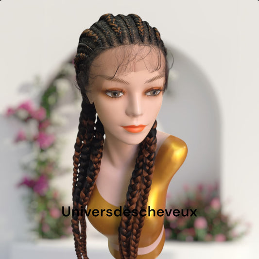 Perruque synthetique  tressee a plat, sans noeuds avec tulle frontal et baby hairs.