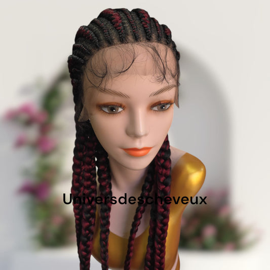 Perruque synthetique  tressee a plat, sans noeuds avec tulle frontal et baby hairs.