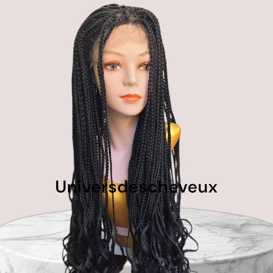 Perruque synthetique  tressee a rasta, sans noeuds avec tulle frontal et baby hairs.