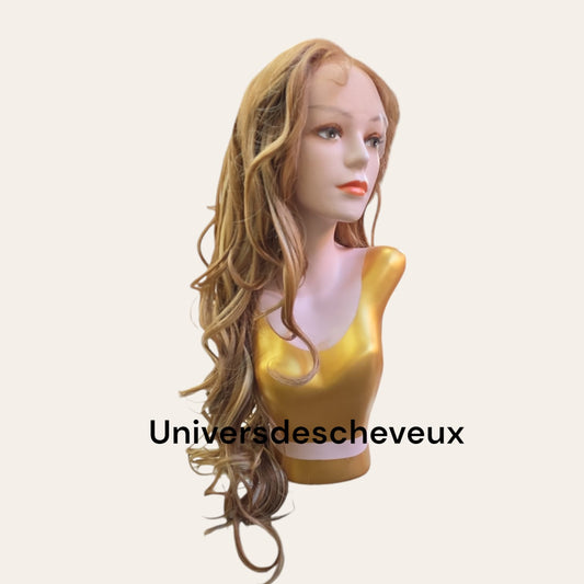Perruque  en fibre kalenkolon en dentelle transparente frontal, longue et ondulee , a porter et a aller