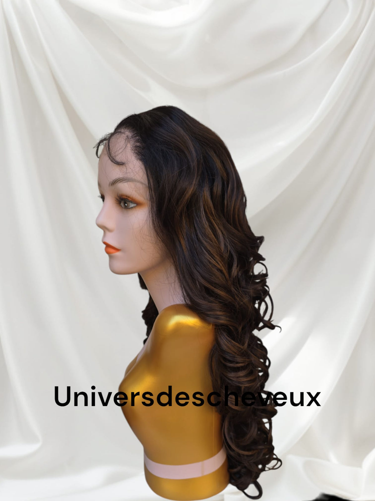 Perruque synthetique a lace front transparente, longue et ondulee avec baby hair, en fibre kanekalon-prete a porter.