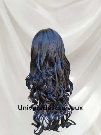 Perruque synthetique a lace front transparente, longue et ondulee avec baby hair, en fibre kanekalon-prete a porter.