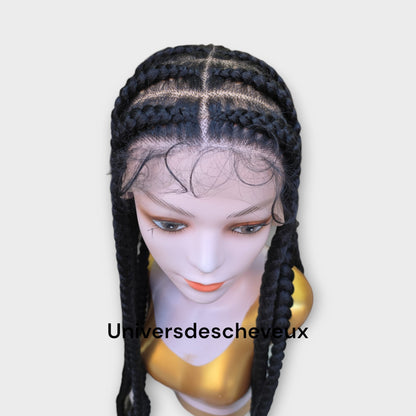 Perruque synthetique tressee plate  sans noeuds apparents, avec tulle frontal (lace front) et cheveux de bordure(baby hairs).