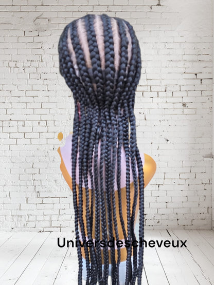 Perruque synthetique tressee plate (style  rastas) sans noeuds apparents, avec tulle frontal (lace front) et cheveux de bordure(baby hairs).