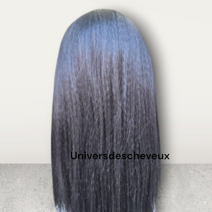 Perruque synthetique bouclee yaki lisse en spirale avec dentelle frontale et baby hair.